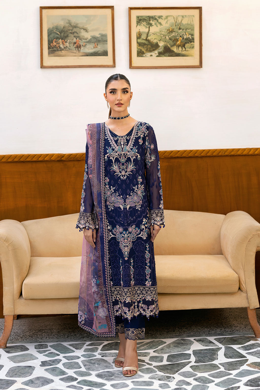 Ramsha | Chevron Chiffon Collection | A-1012 XS Navy Blue Chiffon