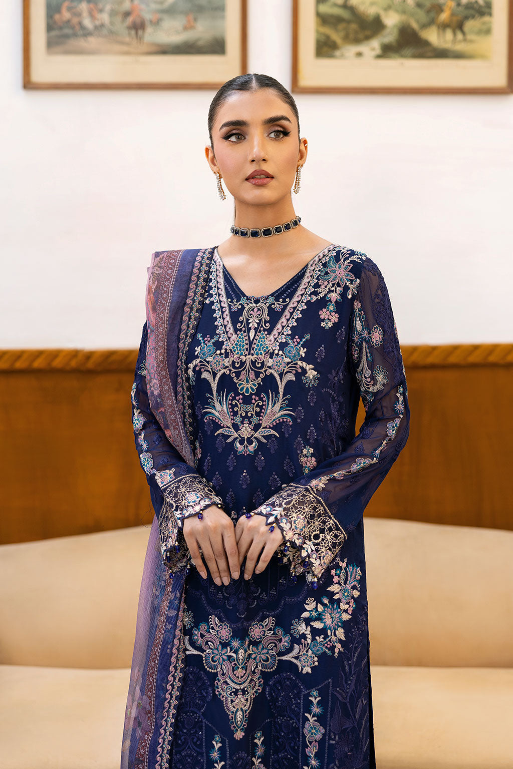 Ramsha | Chevron Chiffon Collection | A-1012 M Navy Blue Chiffon