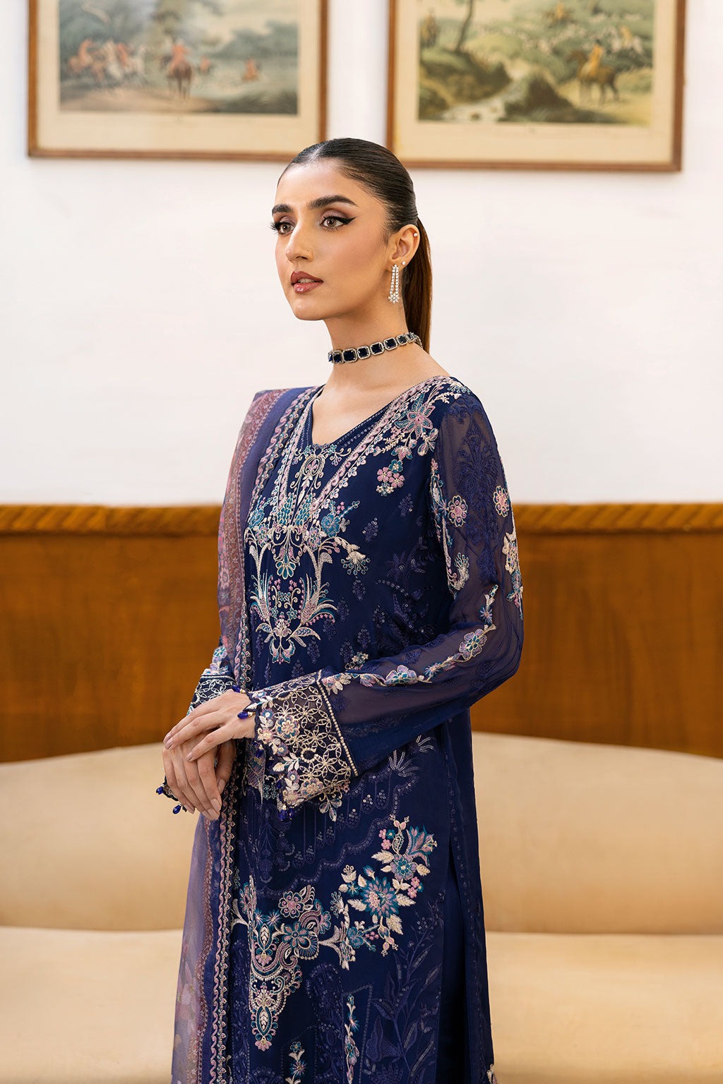 Ramsha | Chevron Chiffon Collection | A-1012 L Navy Blue Chiffon