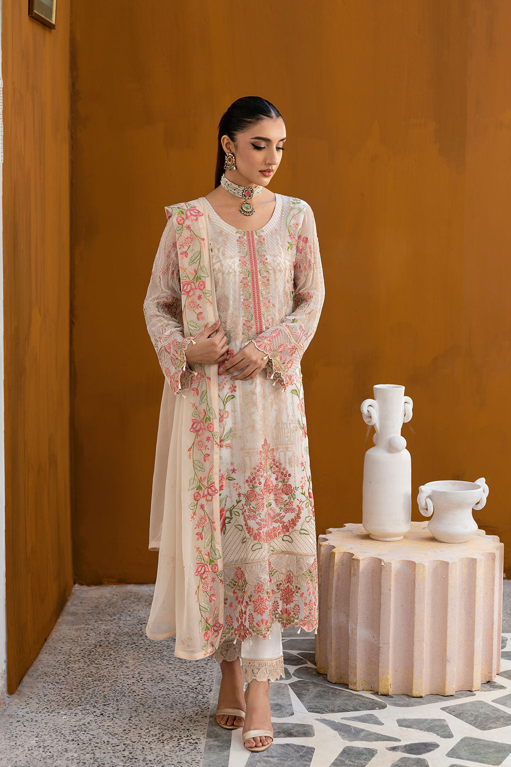 Ramsha | Chevron Chiffon Collection | A-1011 L Ivory Chiffon