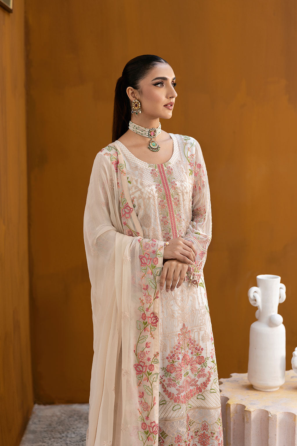 Ramsha | Chevron Chiffon Collection | A-1011 M Ivory Chiffon