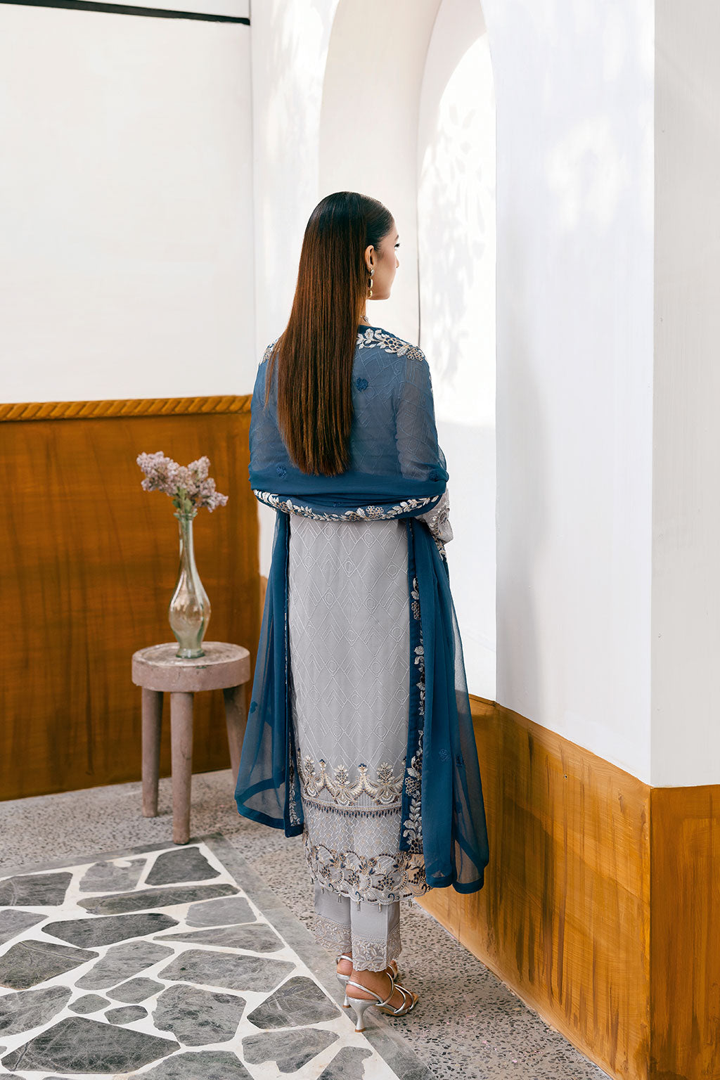 Ramsha | Chevron Chiffon Collection |A-1001 S Light Blue Gray Chiffon