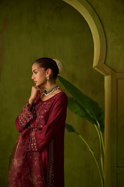 Dhanak | Festive Formals | SS24DU-3197 MAROON 3Pcs - Pakistani Designer Dress - by Dhanak | Type: Formal - 100% Original at Saira Sultan