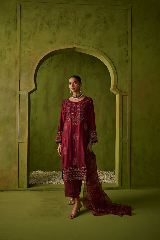 Dhanak | Festive Formals | SS24DU-3197 MAROON 3Pcs - Pakistani Designer Dress - by Dhanak | Type: Formal - 100% Original at Saira Sultan