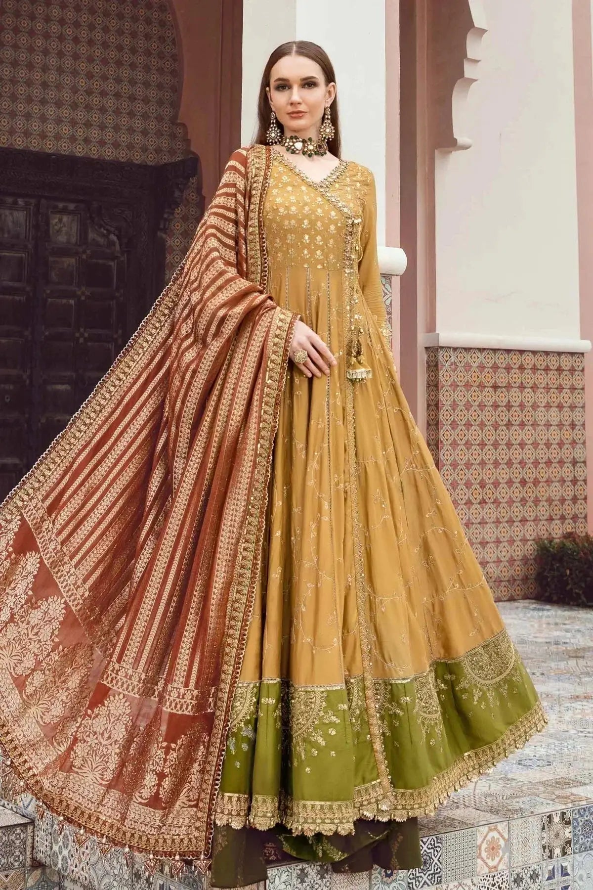 Maria B | Sateen Formals 23 | Mustard CST-702 - Pakistani Designer Dress - by Maria B | Type: Formal - 100% Original at Saira Sultan