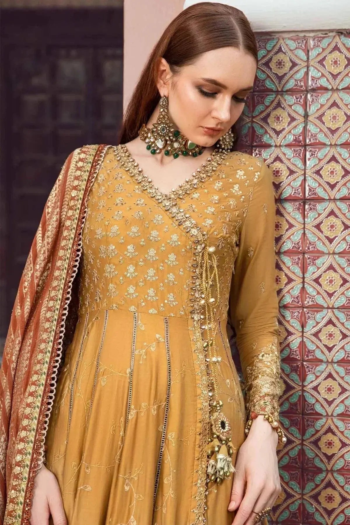 Maria B | Sateen Formals 23 | Mustard CST-702 - Pakistani Designer Dress - by Maria B | Type: Formal - 100% Original at Saira Sultan