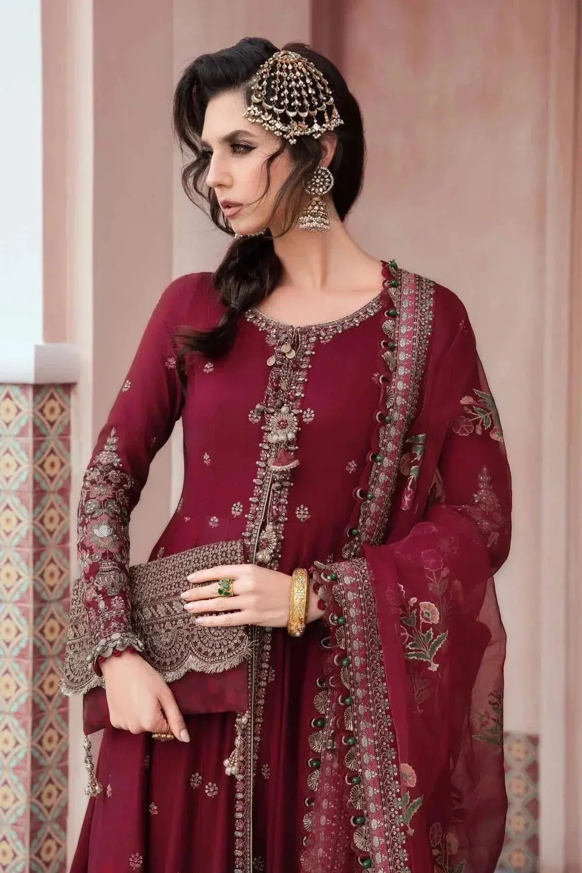 Maria B | Sateen Formals 23 | Maroon CST-708 - Pakistani Designer Dress - by Maria B | Type: Formal - 100% Original at Saira Sultan