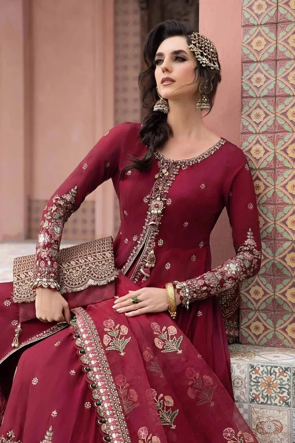 Maria B | Sateen Formals 23 | Maroon CST-708 - Pakistani Designer Dress - by Maria B | Type: Formal - 100% Original at Saira Sultan
