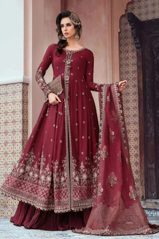 Maria B | Sateen Formals 23 | Maroon CST-708 - Pakistani Designer Dress - by Maria B | Type: Formal - 100% Original at Saira Sultan