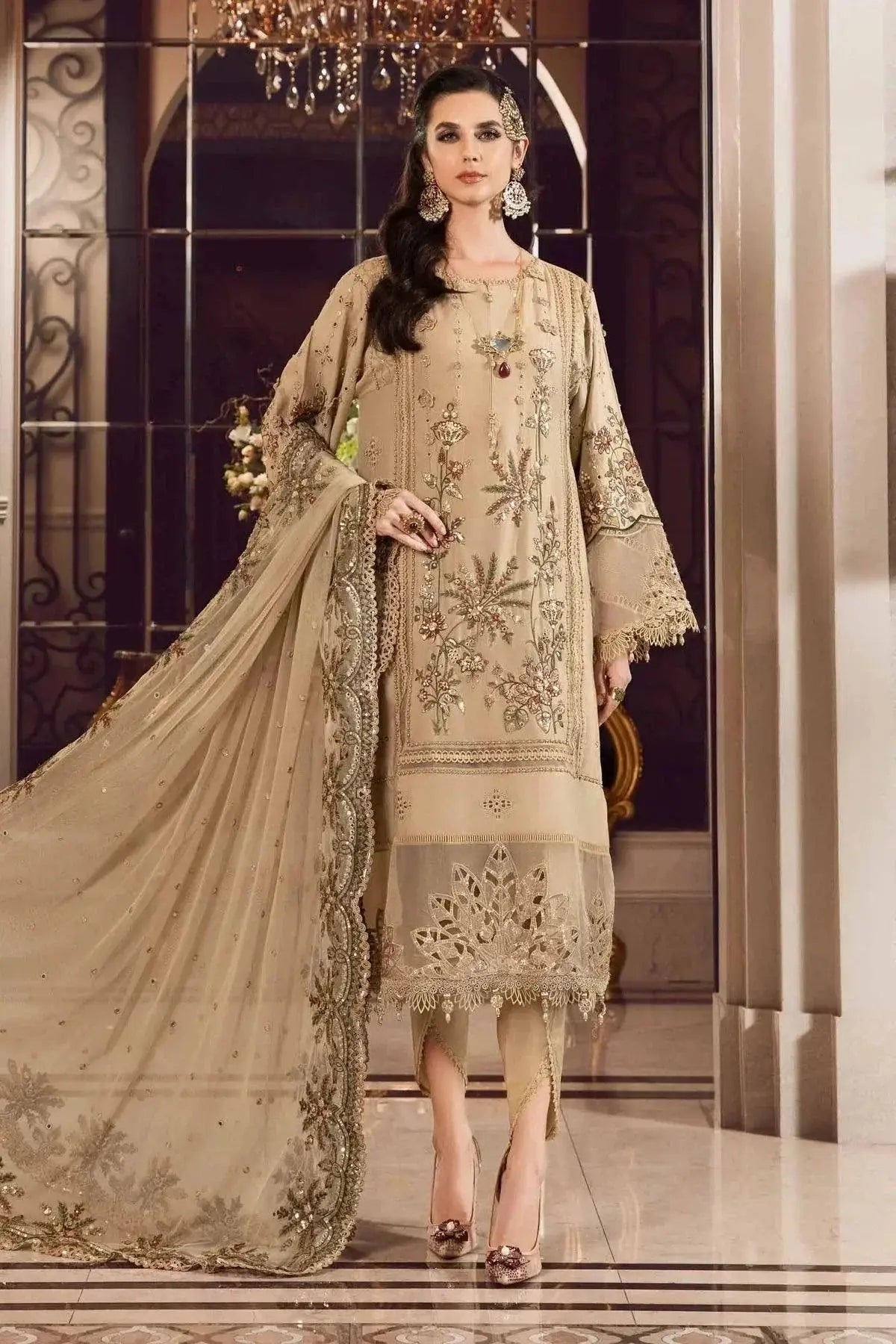 Maria B | Sateen Formals 23 | Beige CST-712 - Pakistani Designer Dress - by Maria B | Type: Formal - 100% Original at Saira Sultan