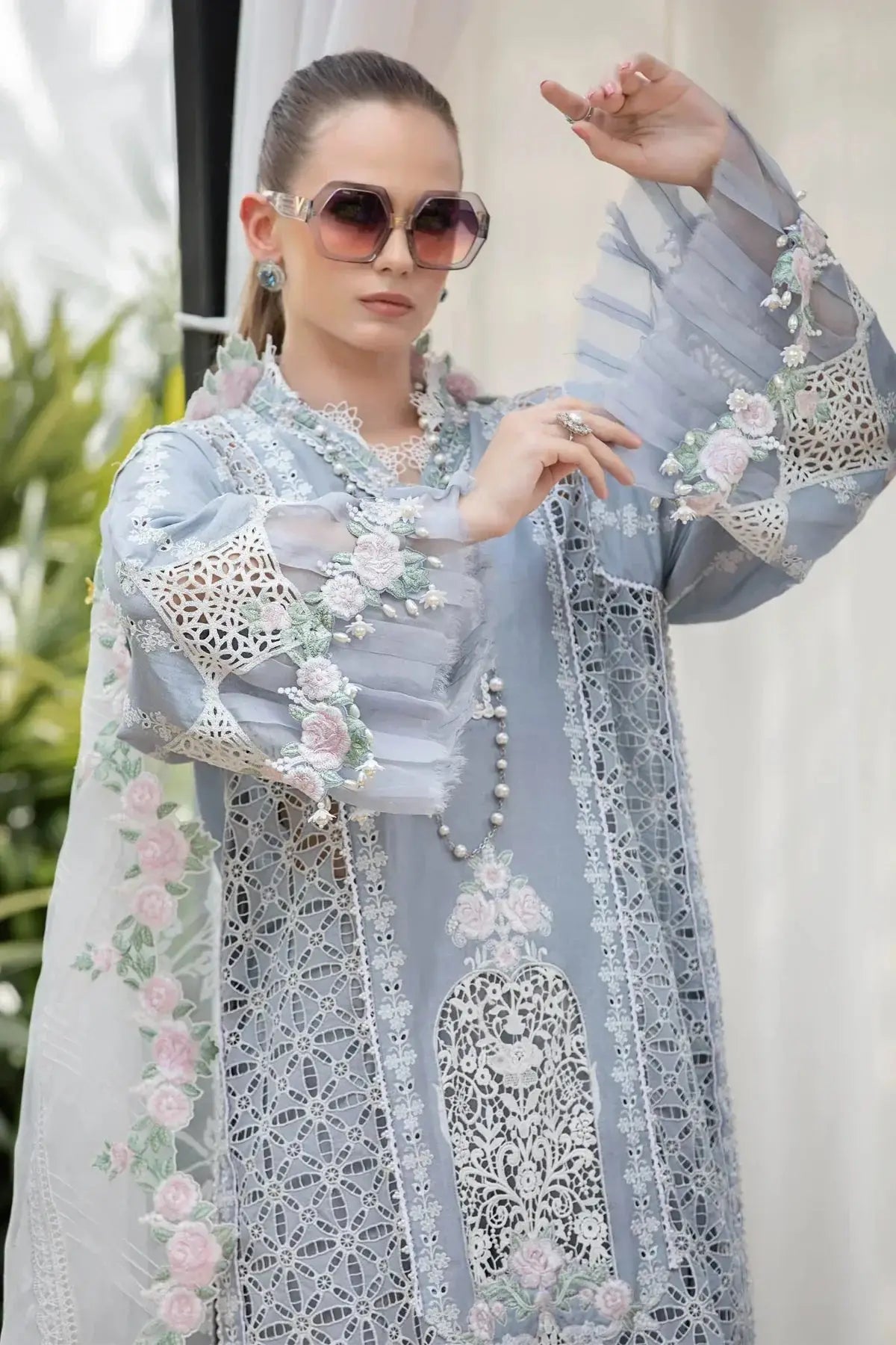 Maria B | Luxury Lawn | EL-23-10-Ice Blue - Pakistani Designer Dress - by Maria B | Type: Luxury - 100% Original at Saira Sultan