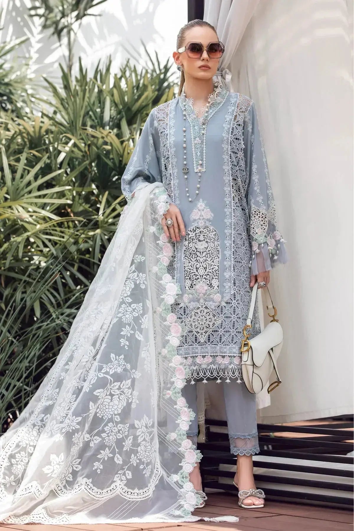 Maria B | Luxury Lawn | EL-23-10-Ice Blue - Pakistani Designer Dress - by Maria B | Type: Luxury - 100% Original at Saira Sultan