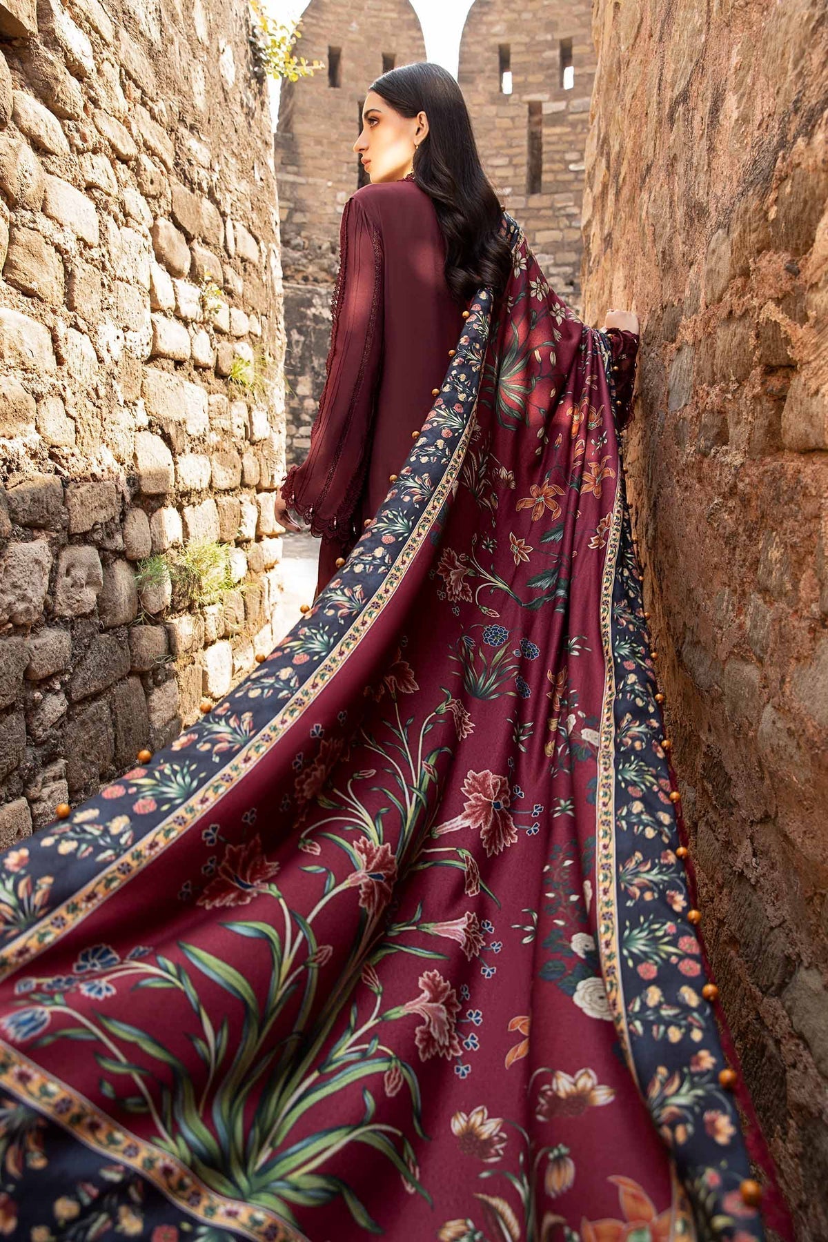 Maria B | M Prints Winter 24 | MPT-2401-B S Maroon Linen