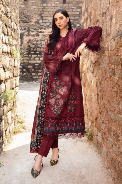 Maria B | M Prints Winter 24 | MPT-2401-B L Maroon Linen