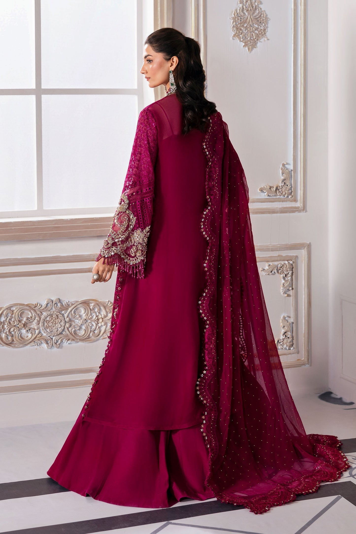 Maria B | Mbroidered 2025 | BD-3003 S Magenta Short Open Shirt with Wrap Inner with Trouser