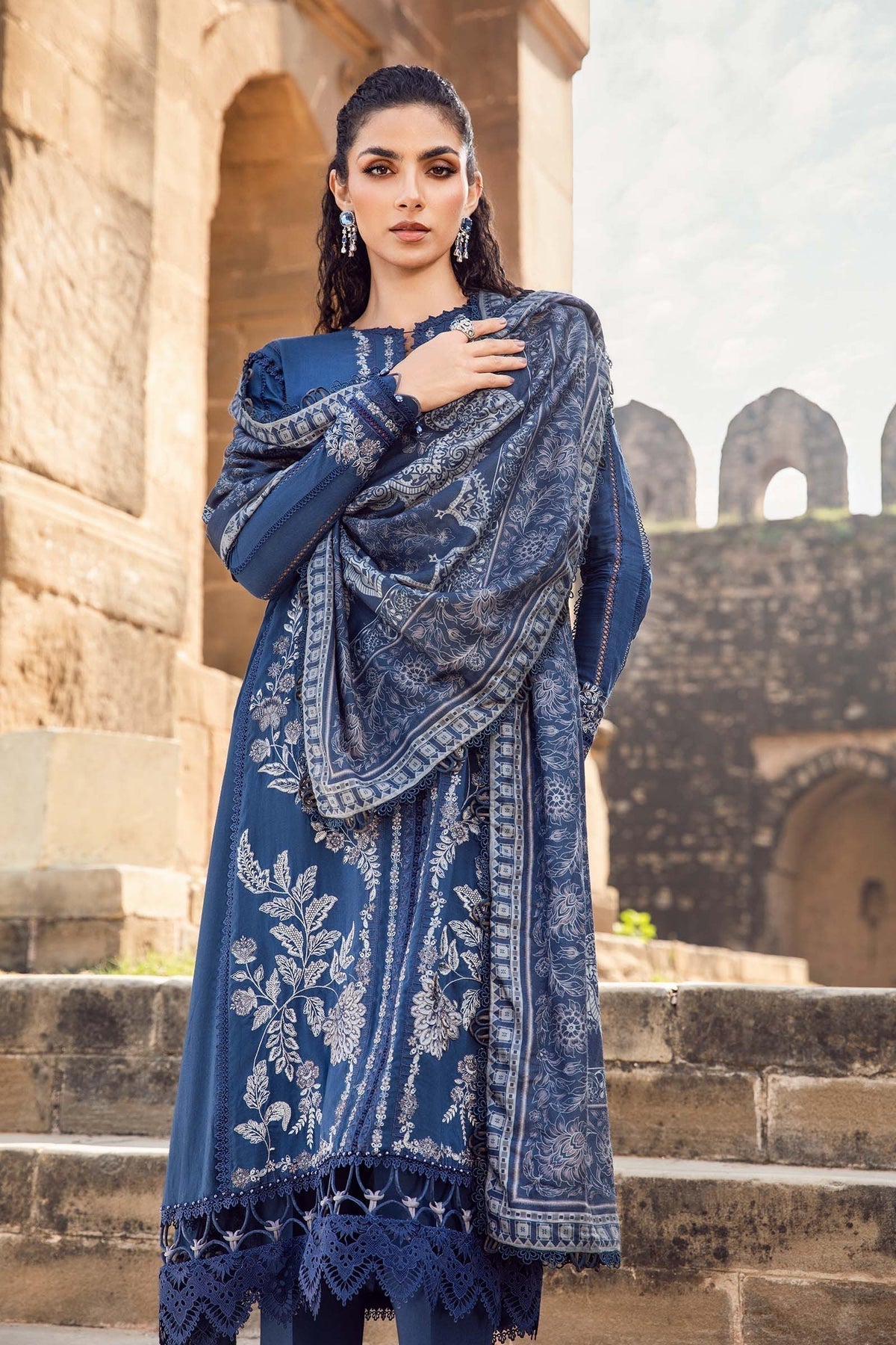 Maria B | M Prints Winter 24 | MPT-2404-B M Navy Blue Linen