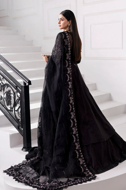 Maria B | Mbroidered 2025 | BD-3004 S Black Long Slit Gown with Lehnga