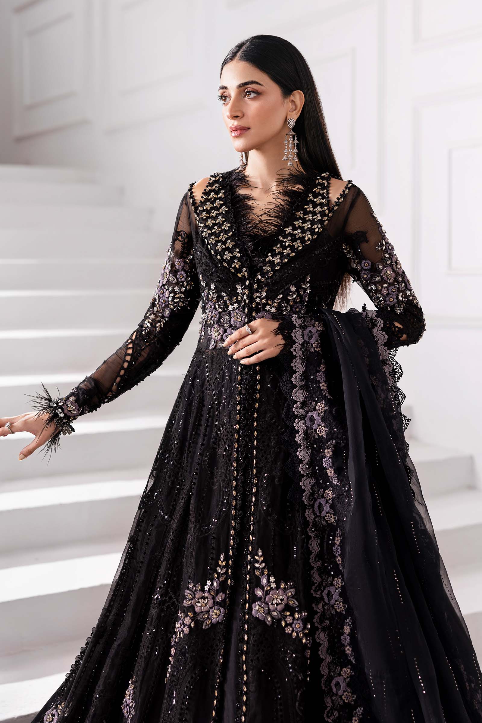 Maria B | Mbroidered 2025 | BD-3004 M Black Long Slit Gown with Lehnga