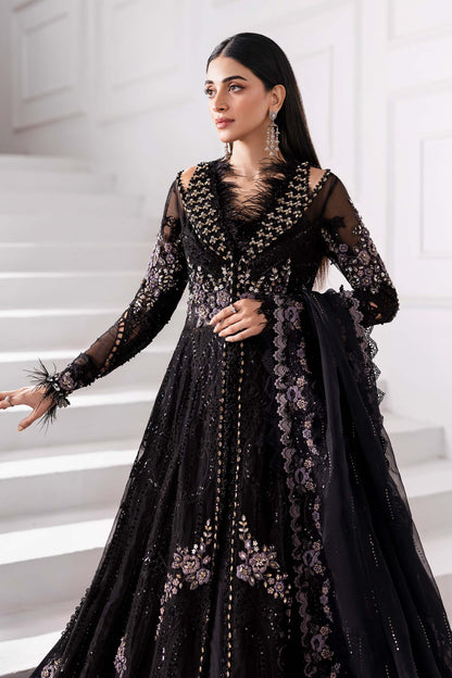Maria B | Mbroidered 2025 | BD-3004 M Black Long Slit Gown with Lehnga
