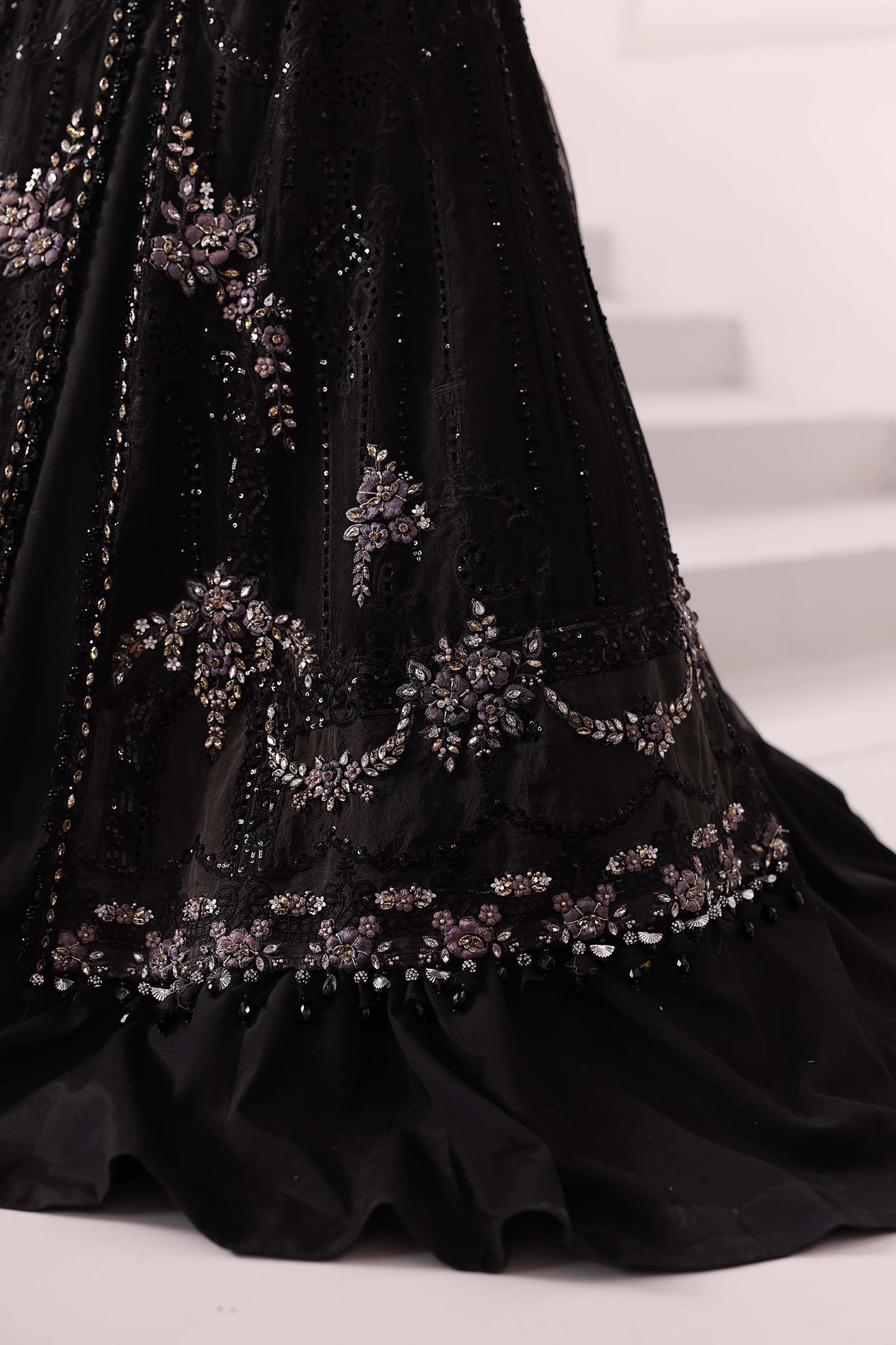 Maria B | Mbroidered 2025 | BD-3004 XL Black Long Open Gown with Lehnga