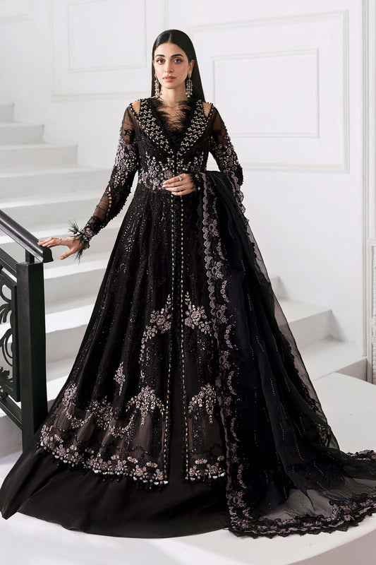 Maria B | Mbroidered 2025 | BD-3004 XS Black Long Slit Gown with Lehnga