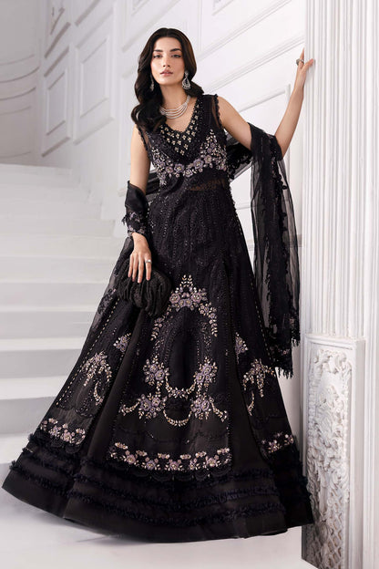 Maria B | Mbroidered 2025 | BD-3004 L Black Long Slit Gown with Lehnga