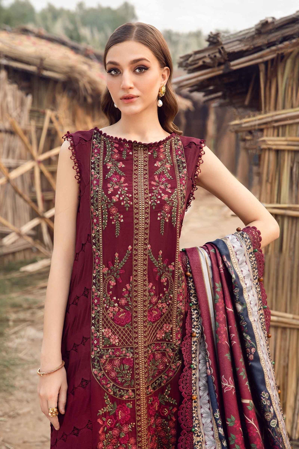 Maria B | M Prints Winter 24 | MPT-2406-B M Maroon Linen