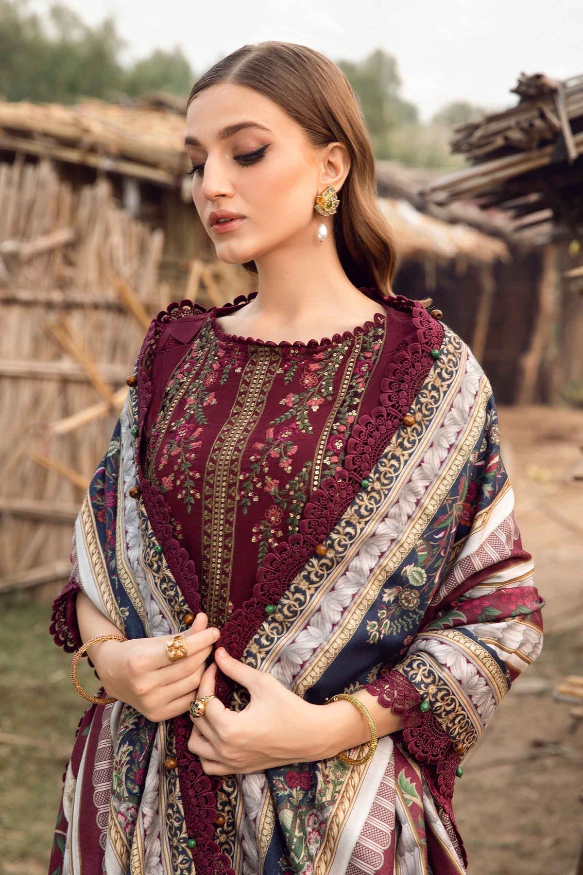 Maria B | M Prints Winter 24 | MPT-2406-B L Maroon Linen