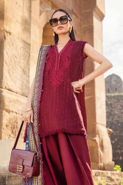 Maria B | M Prints Winter 24 | MPT-2407-B S Maroon Linen