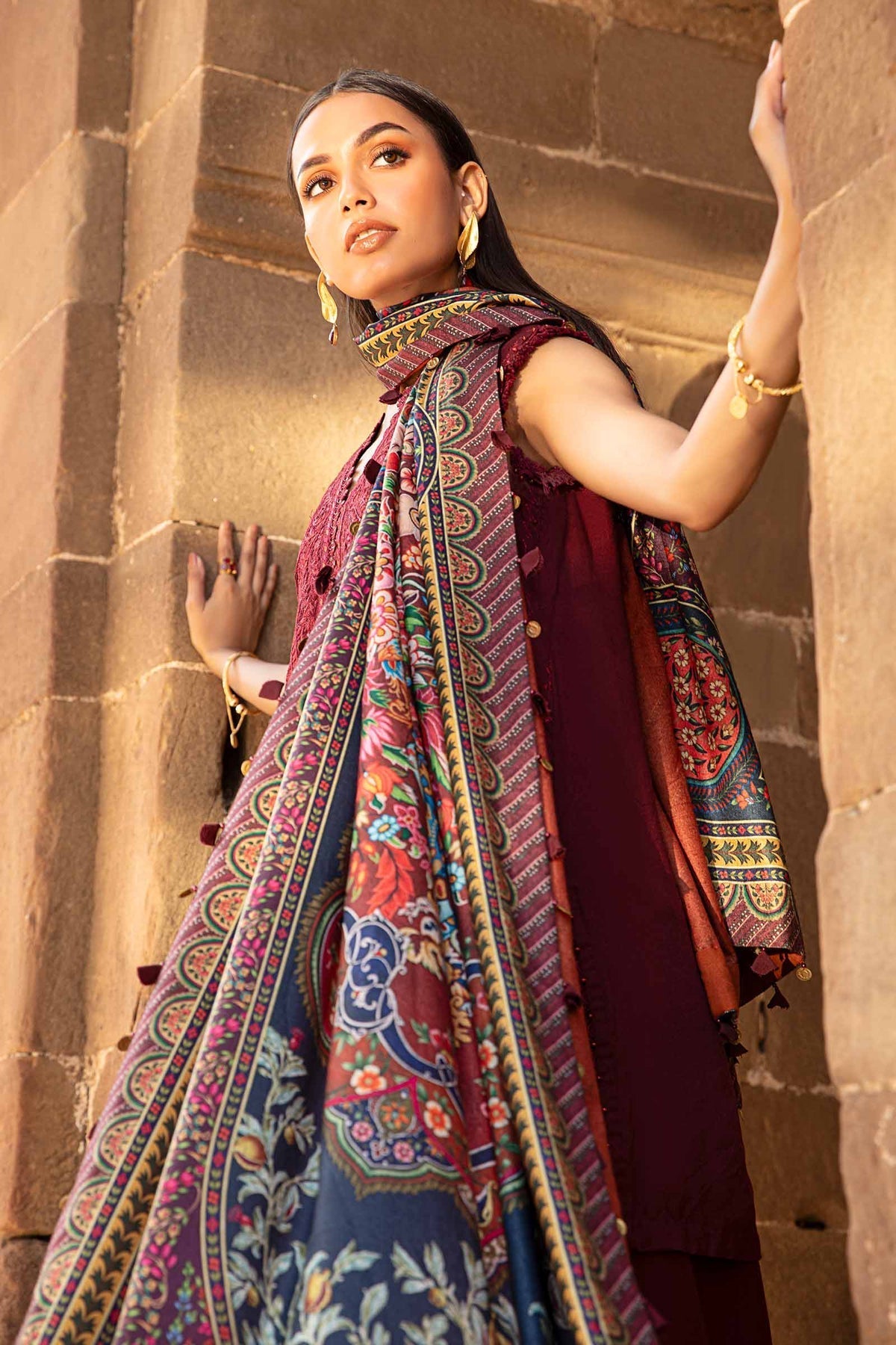 Maria B | M Prints Winter 24 | MPT-2407-B L Maroon Linen