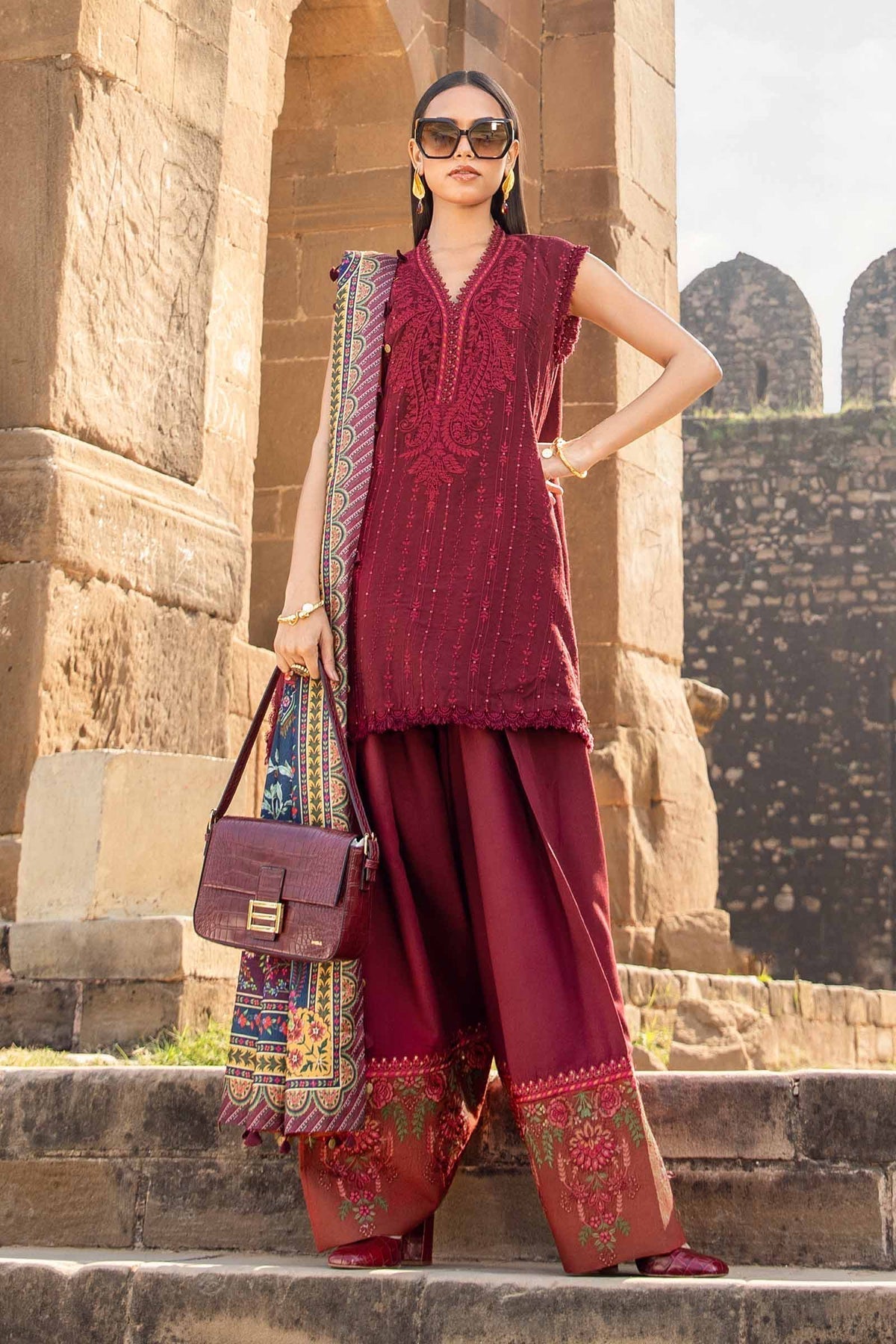 Maria B | M Prints Winter 24 | MPT-2407-B XL Maroon Linen