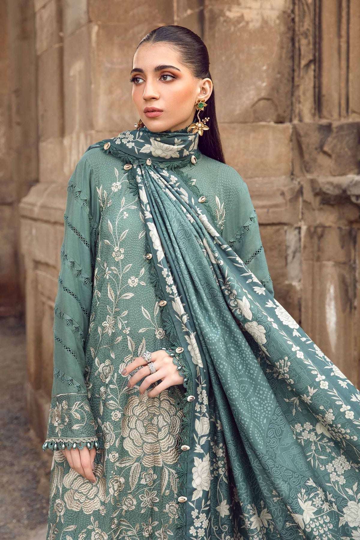 Maria B | M Prints Winter 24 | MPT-2408-A S Sea Green Linen