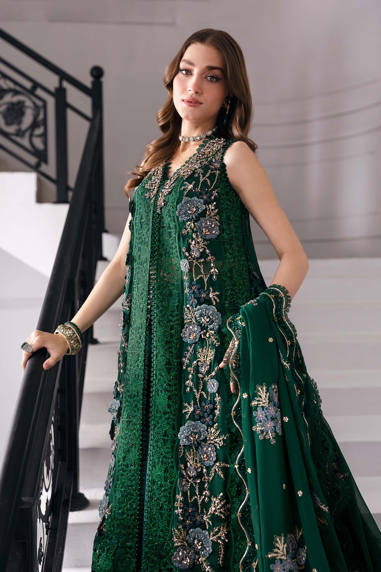 Maria B | Mbroidered 2025 | BD-3008 Custom Size Emerald Green Open Long Shirt with Lehnga