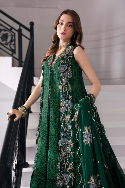 Maria B | Mbroidered 2025 | BD-3008 Custom Size Emerald Green Open Long Shirt with Lehnga