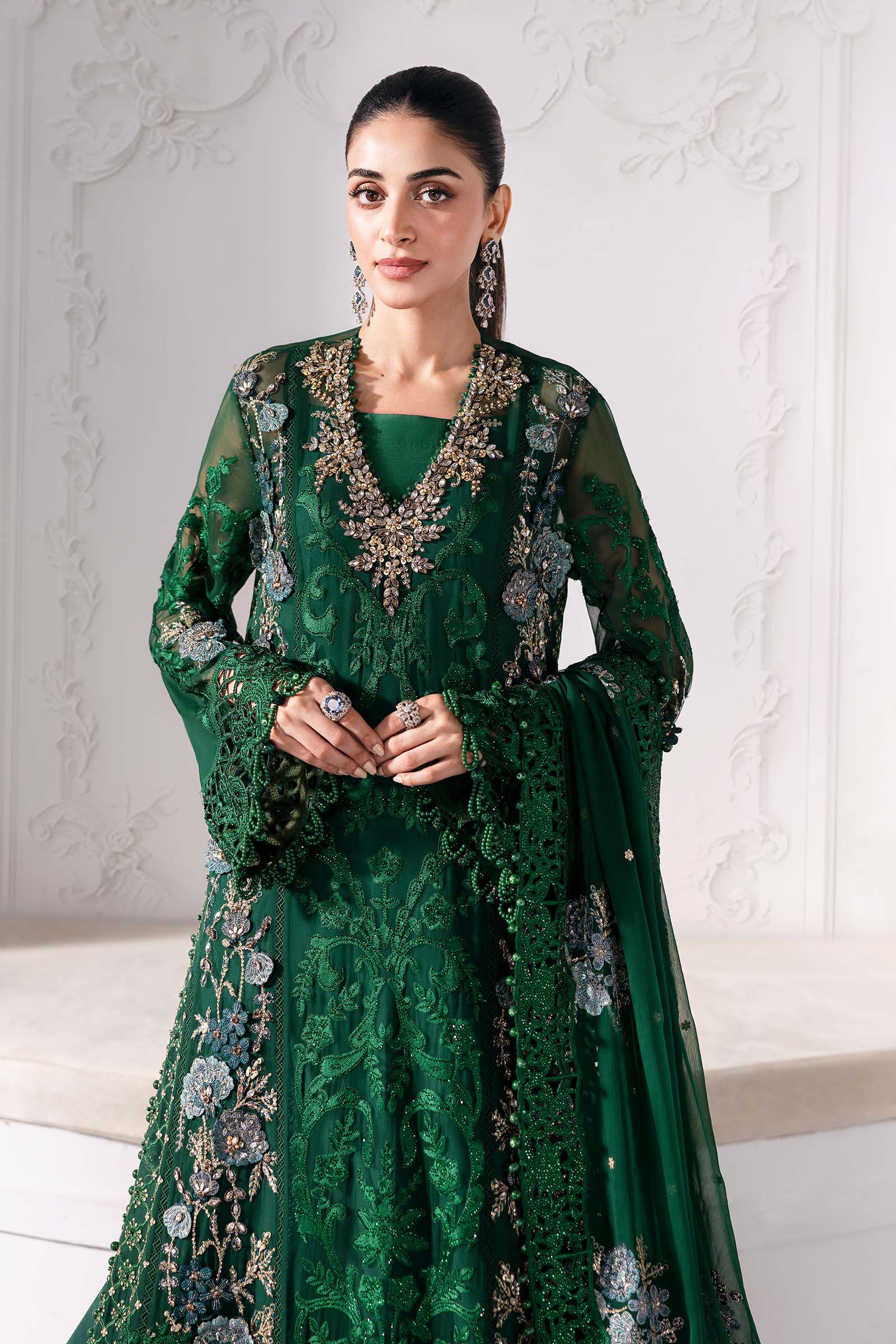 Maria B | Mbroidered 2025 | BD-3008 S Emerald Green Open Long Shirt with Lehnga