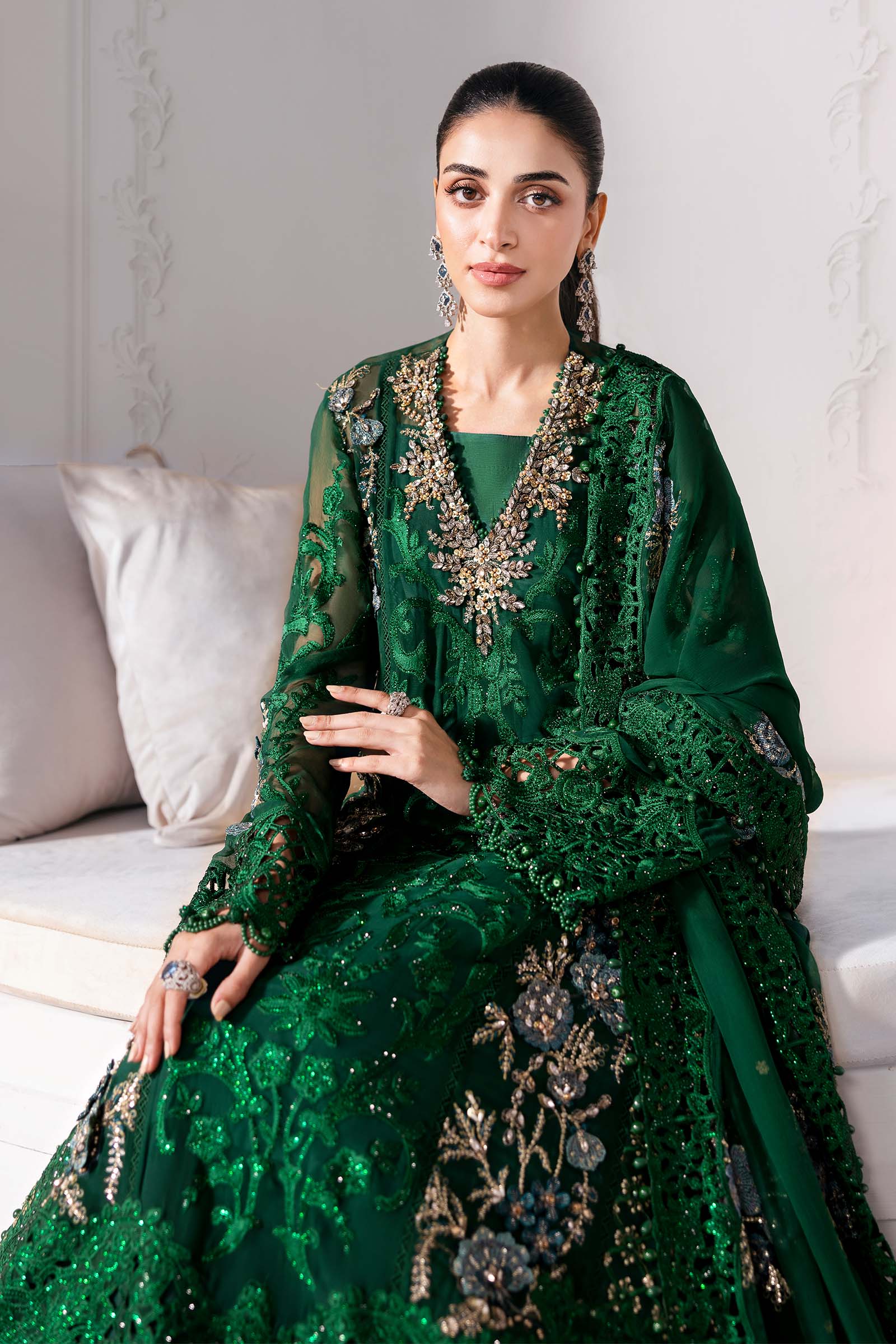 Maria B | Mbroidered 2025 | BD-3008 M Emerald Green Long Shirt with Lehnga
