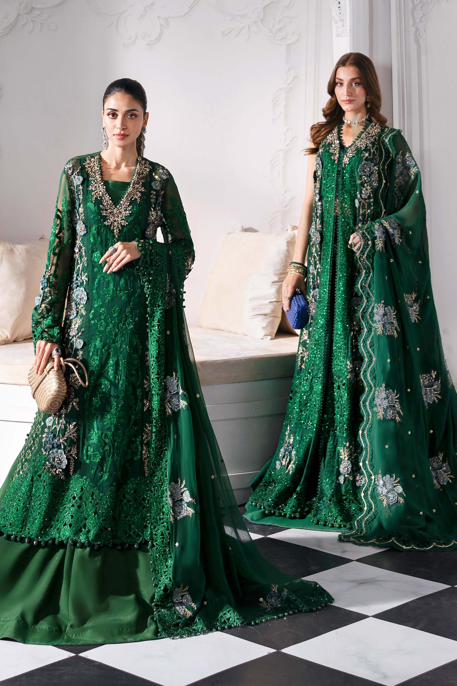 Maria B | Mbroidered 2025 | BD-3008 XS Emerald Green Long Shirt with Lehnga