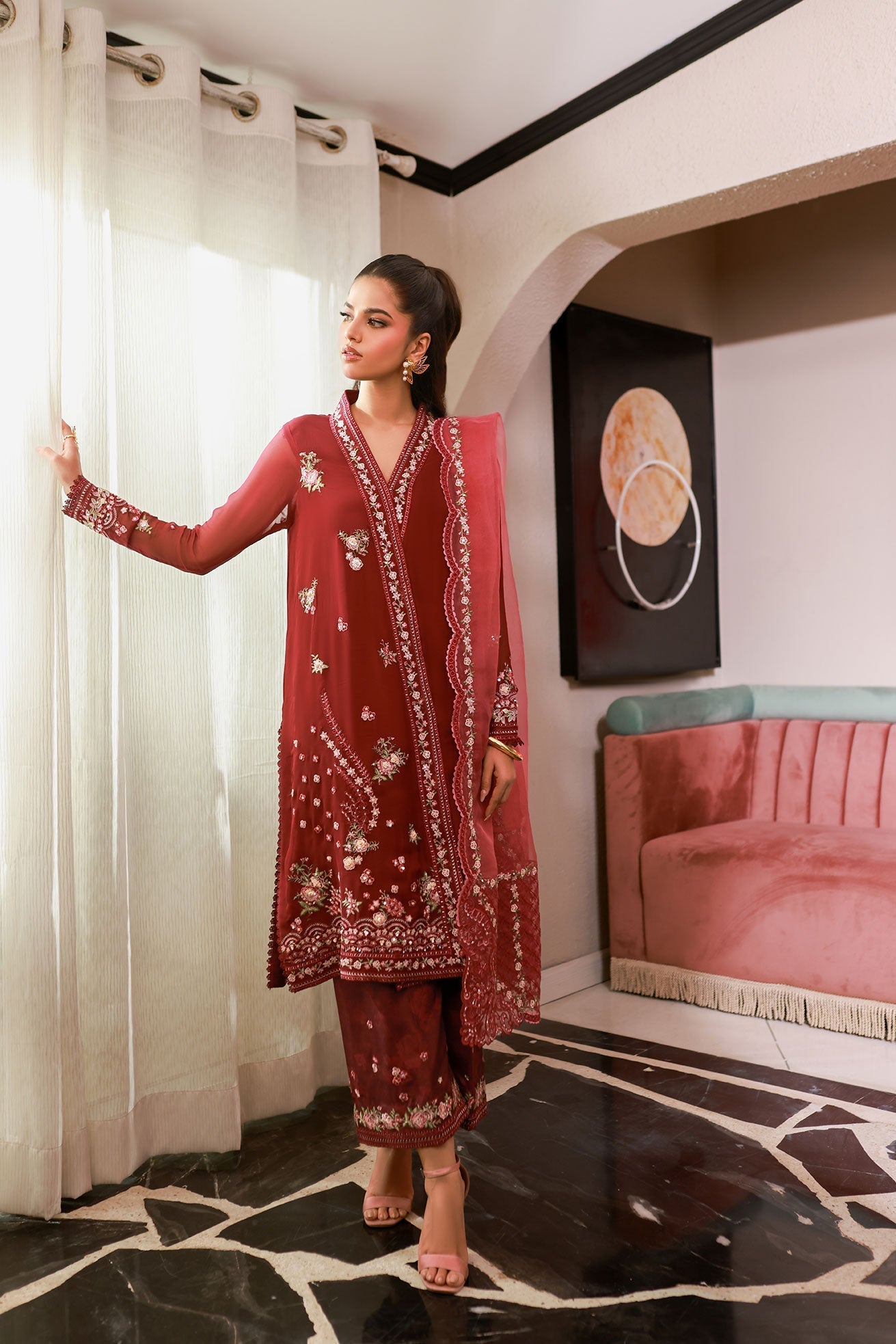 Dhanak | Chiffon Pret | SS25DA-2719 XS Blood Red Chiffon
