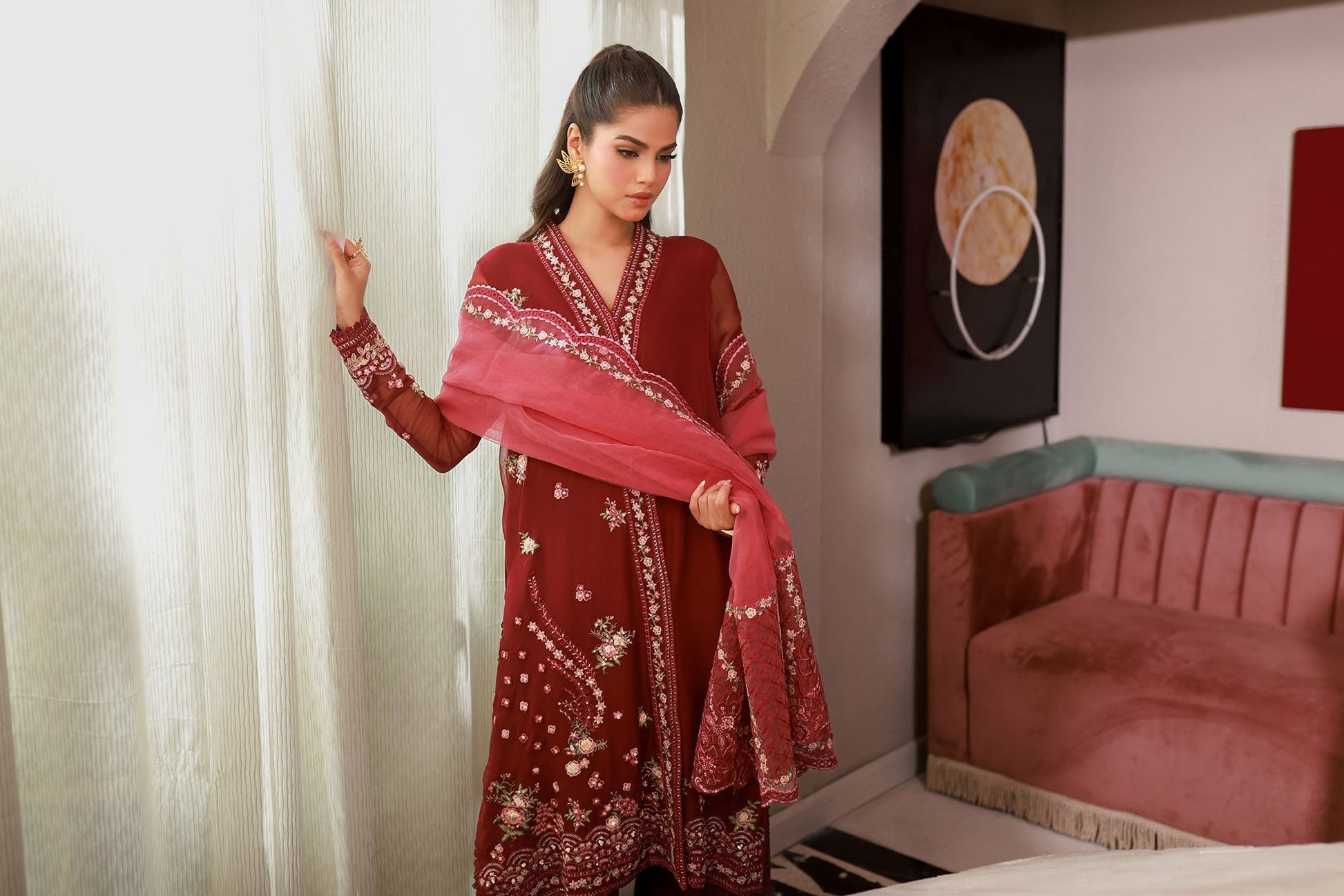 Dhanak | Chiffon Pret | SS25DA-2719 L Blood Red Chiffon