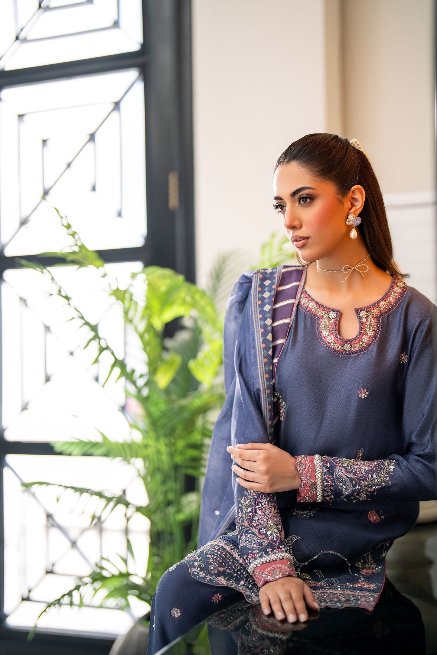 Dhanak | SS 25 Luxury Pret | SS25DL-0312 XL Blue Cotton Net