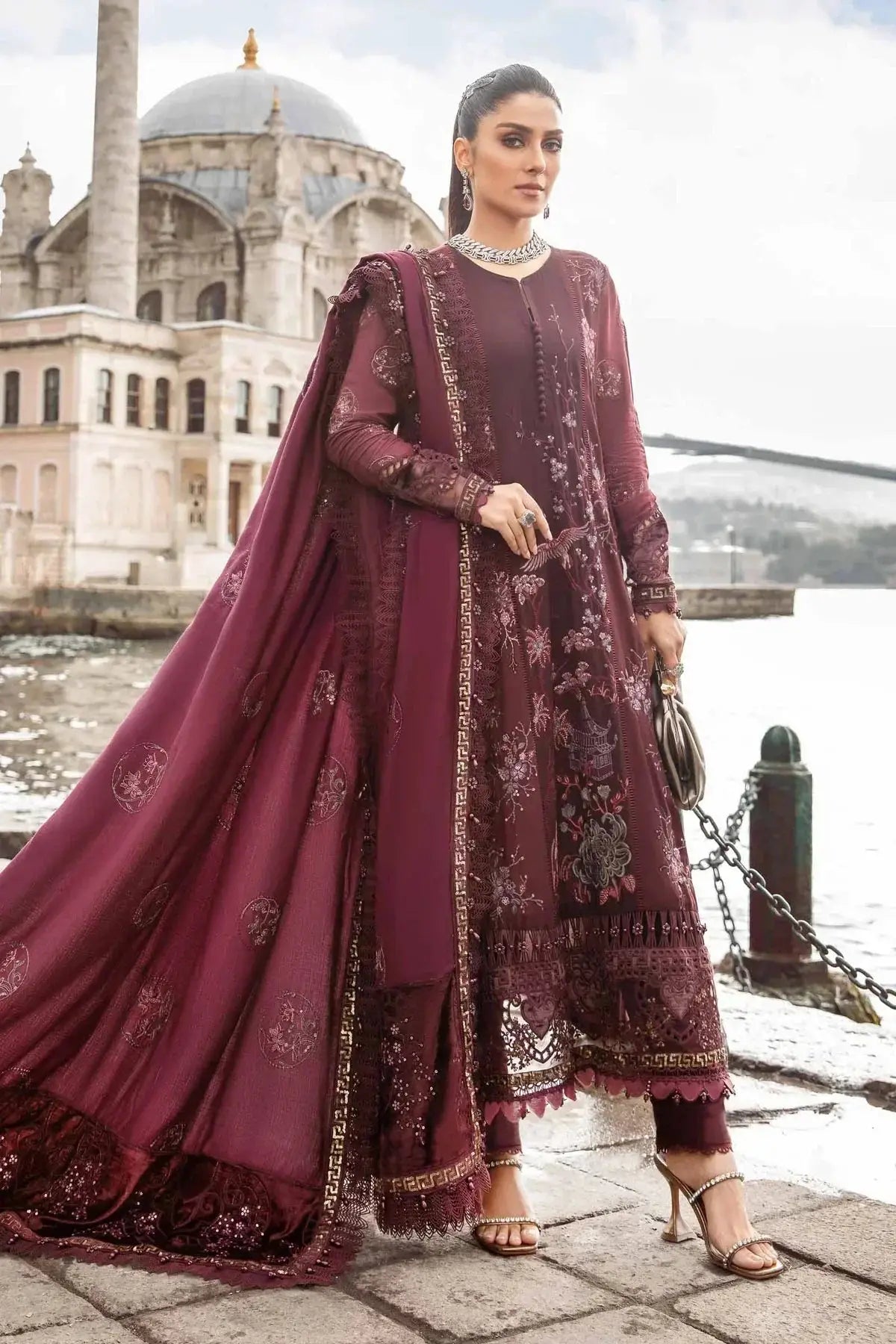Maria B | Linen 23 | Aubergine DL-1103 - Pakistani Designer Dress - by Maria B | Type: Luxury - 100% Original at Saira Sultan