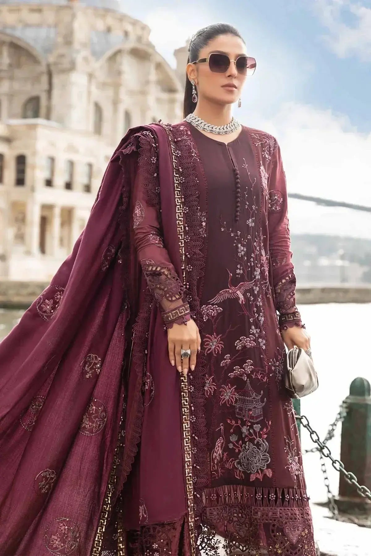 Maria B | Linen 23 | Aubergine DL-1103 - Pakistani Designer Dress - by Maria B | Type: Luxury - 100% Original at Saira Sultan