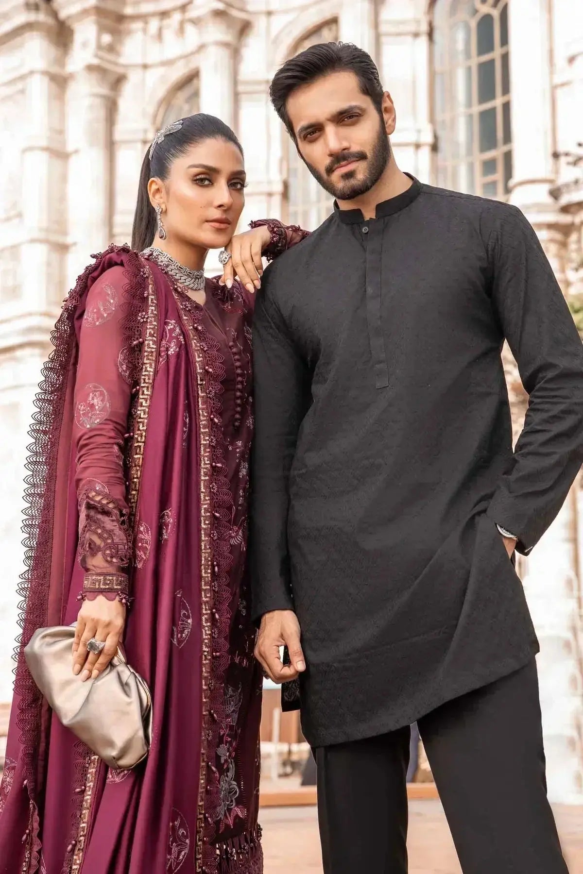 Maria B | Linen 23 | Aubergine DL-1103 - Pakistani Designer Dress - by Maria B | Type: Luxury - 100% Original at Saira Sultan
