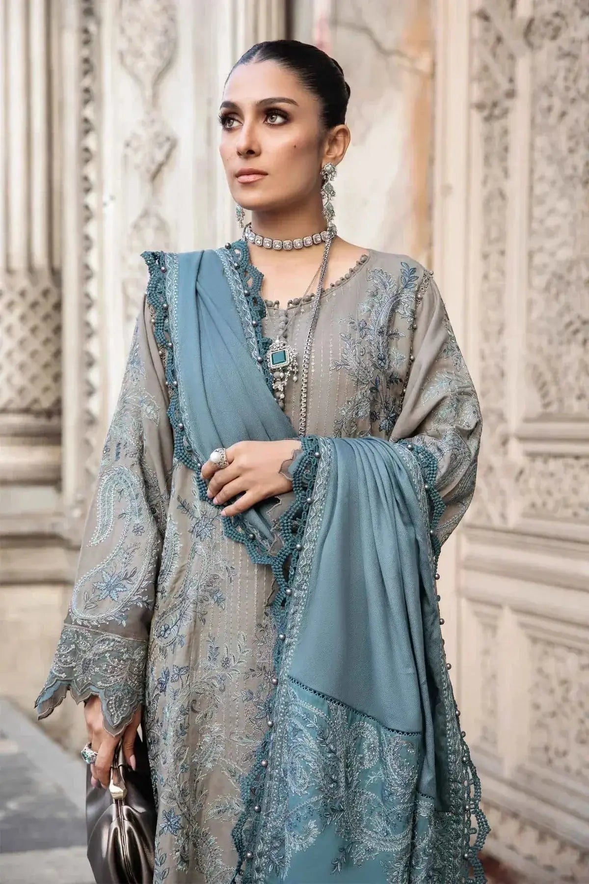 Maria B | Linen 23 | Grey DL-1104 - Pakistani Designer Dress - by Maria B | Type: Luxury - 100% Original at Saira Sultan