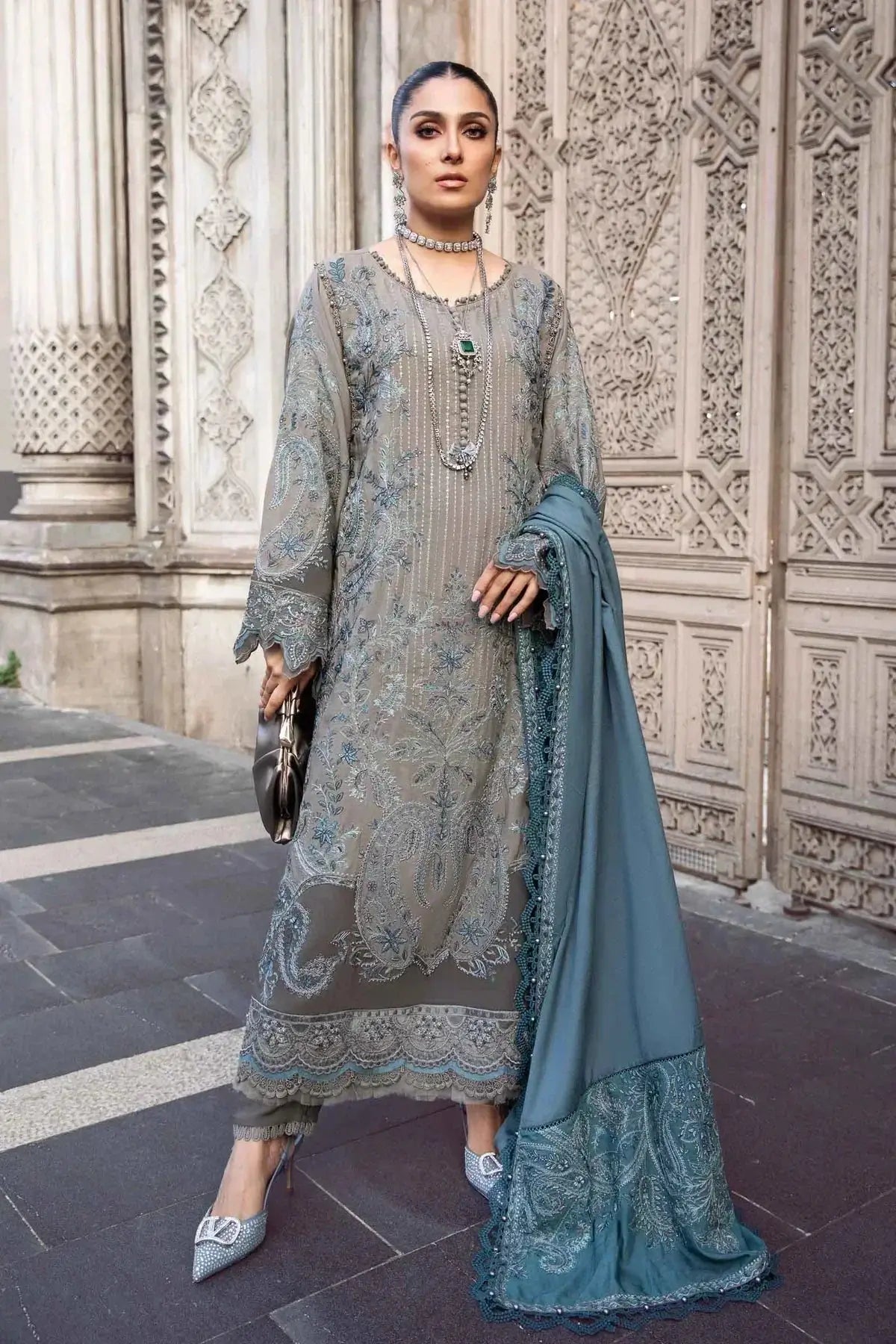Maria B | Linen 23 | Grey DL-1104 - Pakistani Designer Dress - by Maria B | Type: Luxury - 100% Original at Saira Sultan