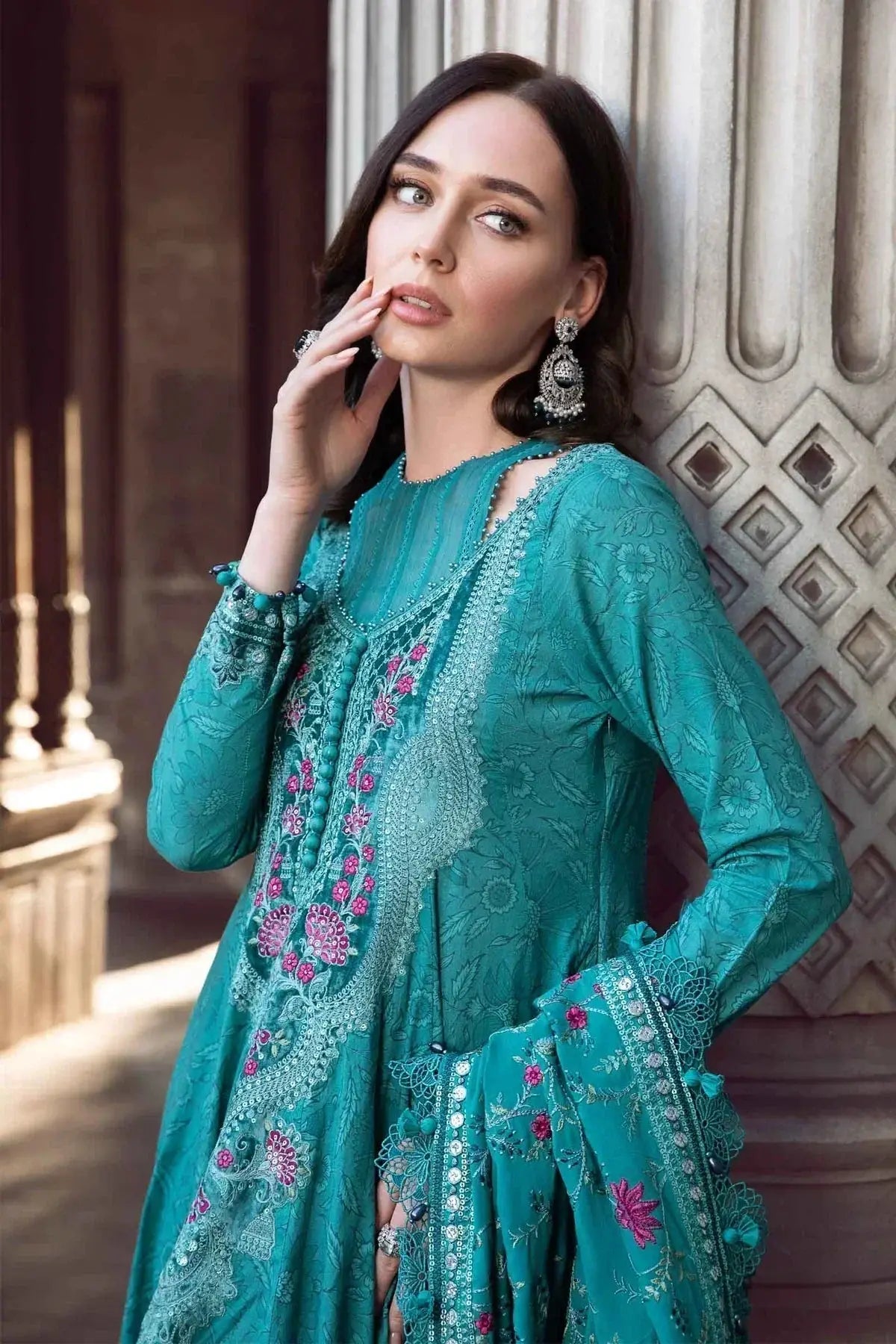 Maria B | Linen 23 | Teal DL-1105 - Pakistani Designer Dress - by Maria B | Type: Luxury - 100% Original at Saira Sultan