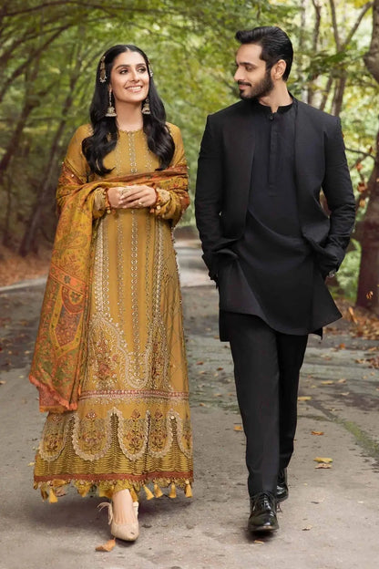 Maria B | Linen 23 | Mustard DL-1110 - Pakistani Designer Dress - by Mushq | Type: Luxury - 100% Original at Saira Sultan