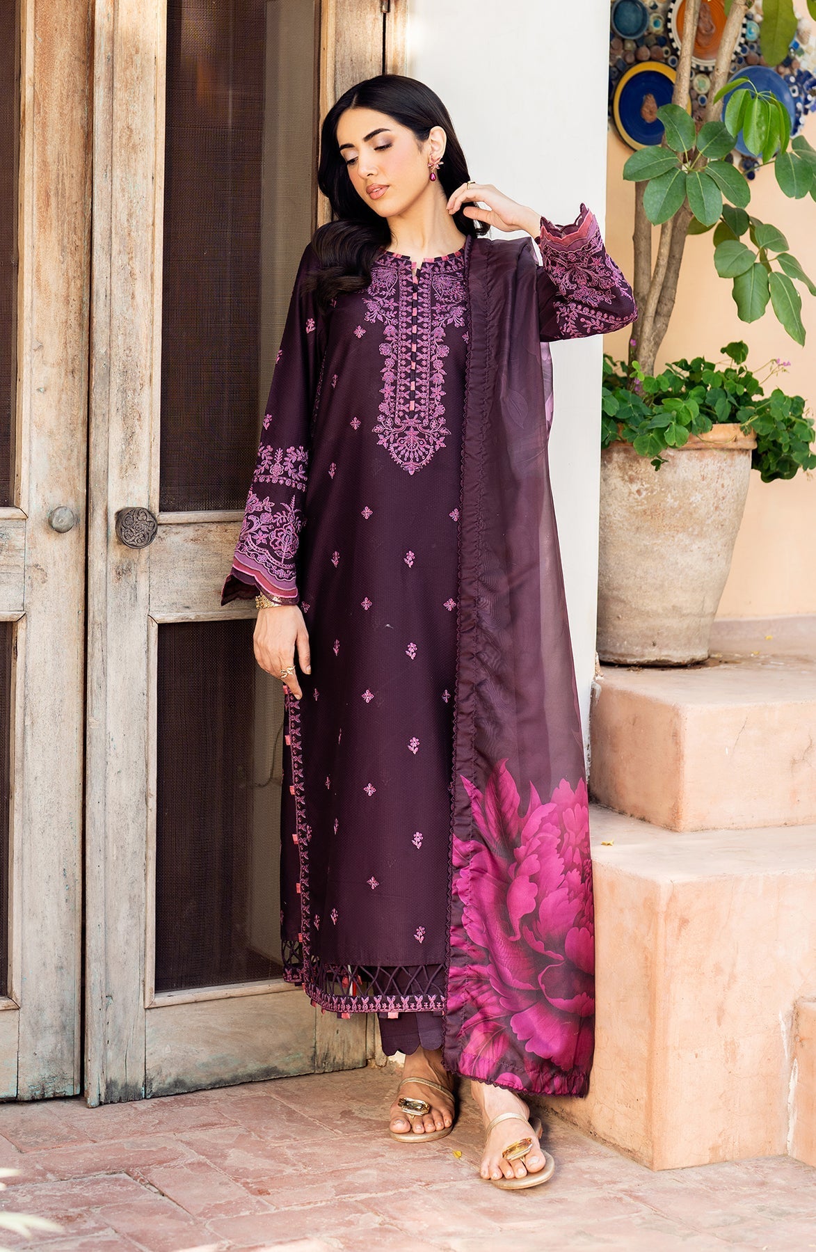 Zarif | Nura Textured Lawn 25 | FAHA L Dark Plum Lawn