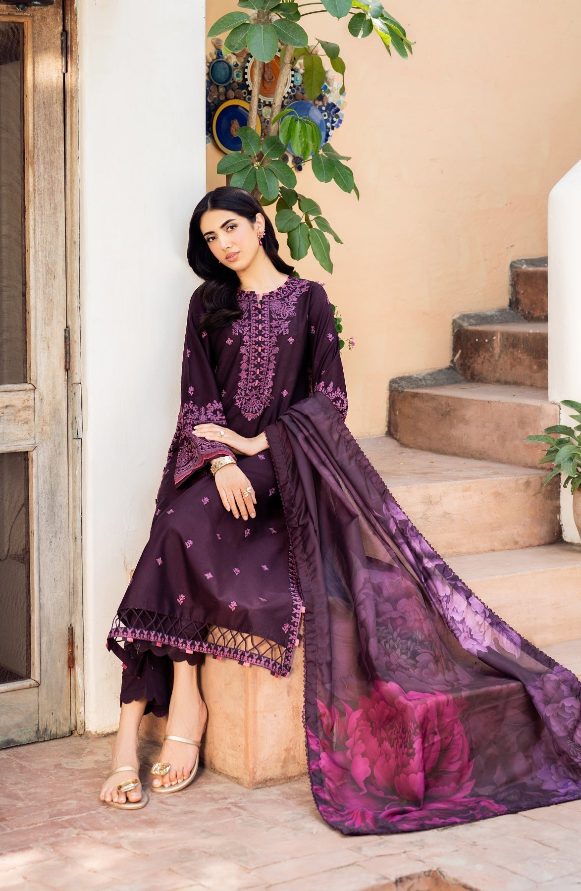 Zarif | Nura Textured Lawn 25 | FAHA XL Dark Plum Lawn