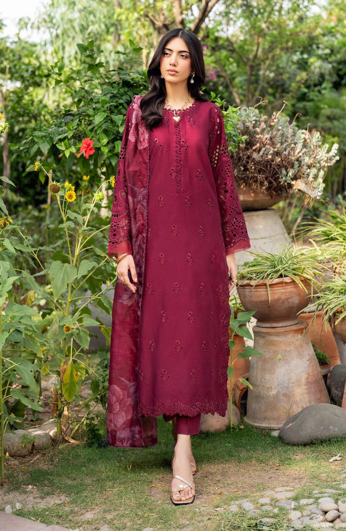 Zarif | Nura Textured Lawn 25 | MORICH XS Lawn Maroon